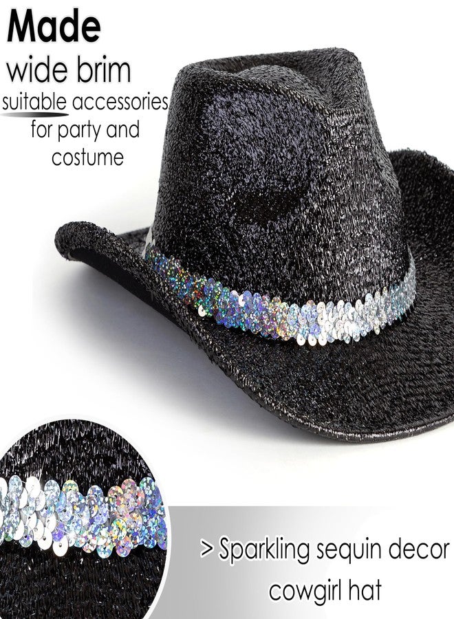 Gossifan Western Hats for Women Men Sparkly Cowgirl Hat Wide Brim Felt Cowboy Hats Disco Party Music Hat-Black - Image 3